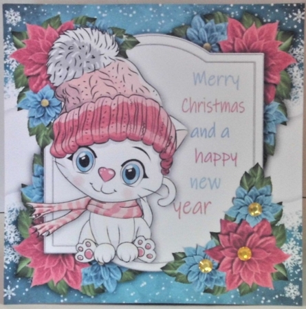 Merry Christmas White Cat With Pink Bobble Hat 8x8 by Hazel Underwood