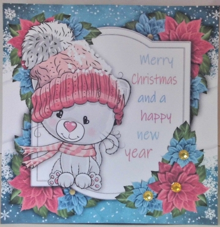 Merry Christmas Grey Cat With Pink Bobble Hat 8x8 by Hazel Underwood