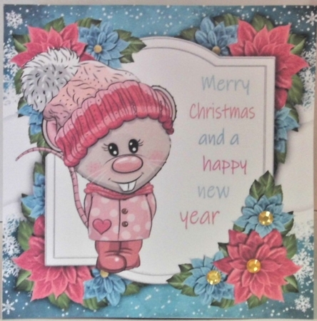 Merry Christmas Rat With Pink Bobble Hat 8x8 by Hazel Underwood