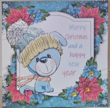 Merry Christmas Blue Dog With Pink Bobble Hat 8x8 by Hazel Underwood