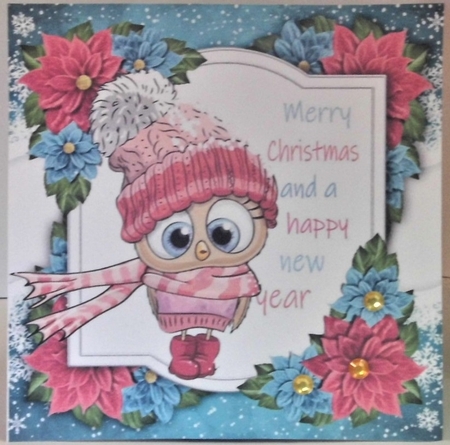 Merry Christmas Owl With Pink Bobble Hat 8x8 by Hazel Underwood