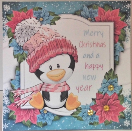 Merry Christmas Penguin With Pink Bobble Hat 8x8 by Hazel Underwood