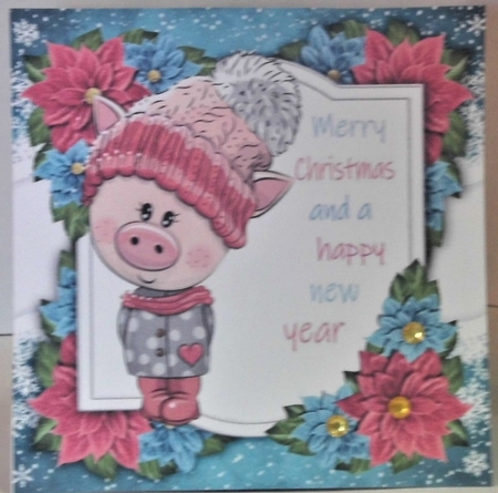 Merry Christmas Pig With Pink Bobble Hat 8x8 by Hazel Underwood