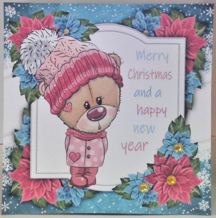 Merry Christmas Bear With Pink Bobble Hat 8x8 by Hazel Underwood