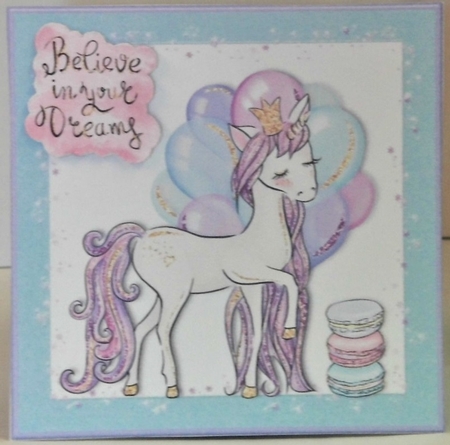 Believe in your dreams unicorn birthday card topper for 6x6 card by Hazel Underwood
