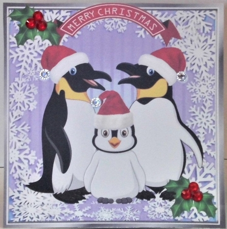 Family of penguins in santa hats with holly 8x8 (purple) by Hazel Underwood