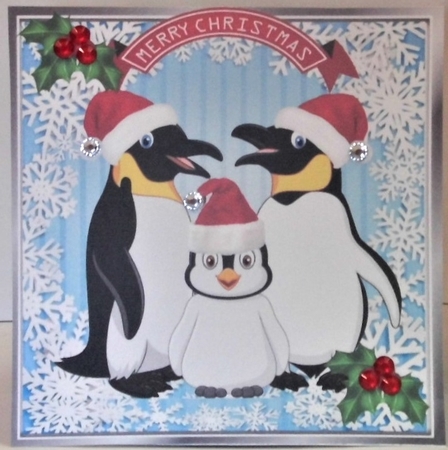  4 lovely Family of penguins in santa hats with holly card fronts 8x8 mini kit by Hazel Underwood