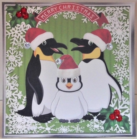  4 lovely Family of penguins in santa hats with holly card fronts 8x8 mini kit by Hazel Underwood