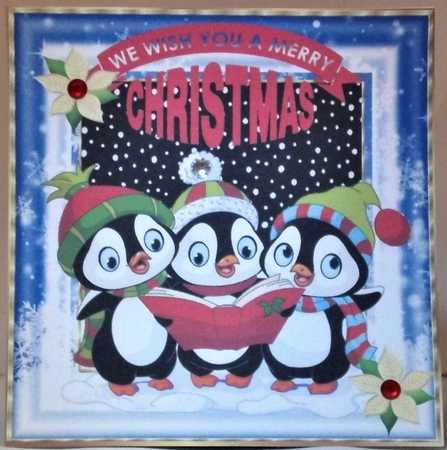 Cute trio of carol singing penguins in snow 8x8 by Hazel Underwood