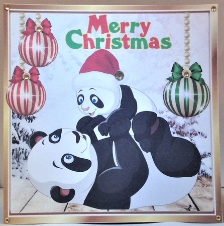 Lovely baby panda in santa hat playing,   with pretty  baubles 8x8 by Hazel Underwood