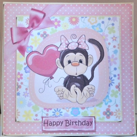 Cute monkey with balloon  and pink bow in polkadot frame 8x8 by Hazel Underwood