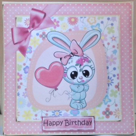 Cute bunny with balloon  and pink bow in polkadot frame 8x8 by Hazel Underwood