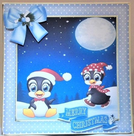 Penguins playing in the snow with  pretty blue bow and polkadot frame 8x8 by Hazel Underwood