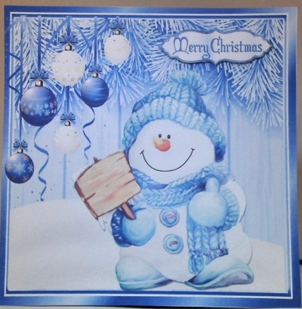 Lovely blue  Christmas with fern 8x8 card front with baubles & cute snowman by Hazel Underwood