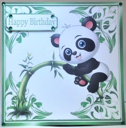 cute panda with green bow card front 7x7 by Hazel Underwood