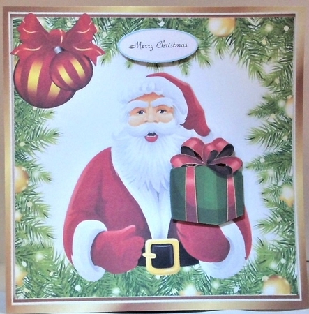  Green Holly and Baubles frame edged with gold card front/santa 8x8 by Hazel Underwood