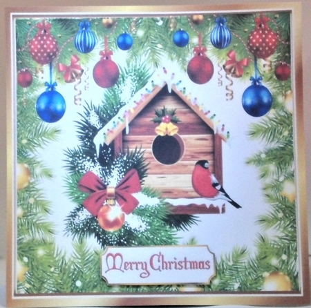  Green Holly and Baubles frame edged with gold card front 8x8 with bird house by Hazel Underwood