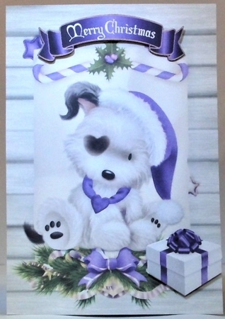 Cute white puppy in purple santa hat on a scroll A5 by Hazel Underwood