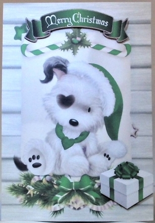 Cute white puppy in green santa hat on a scroll A5 by Hazel Underwood