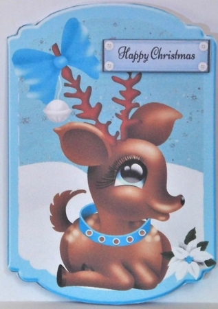 Cute doe eyed deer  in the snow with poinsettia bracket card by Hazel Underwood