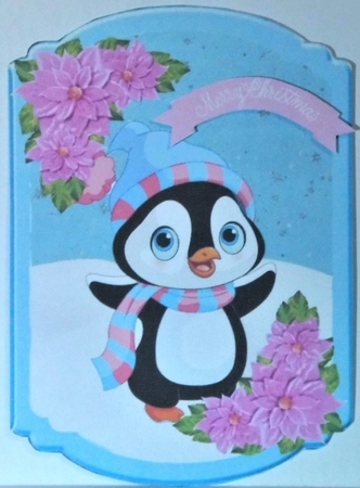 Cute penguin in hat and scarf with poinsettias topper by Hazel Underwood