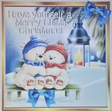 Cuddle up in the snow white bears with lantern 8x8 by Hazel Underwood