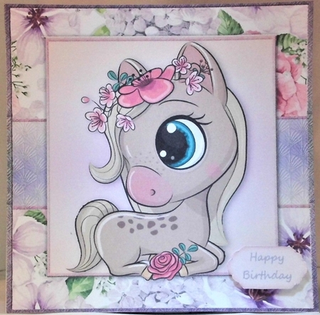 Beautiful Brown Pony With Pink & Purple Flowers 8x8 by Hazel Underwood
