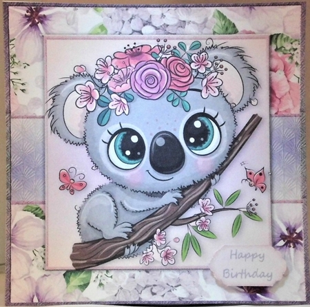 Beautiful Grey Koala With Pink & Purple Flowers 8x8 by Hazel Underwood
