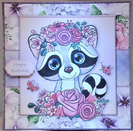Beautiful Raccoon  With Pink & Purple Flowers 8x8 by Hazel Underwood