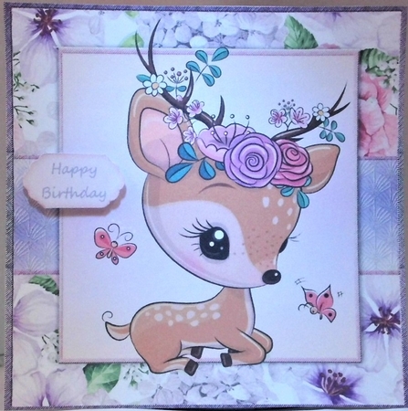 Beautiful Brown Deer Lying Down With Pink & Purple Flowers 8x8 by Hazel Underwood