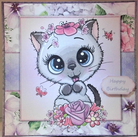 Beautiful Grey Kitten With Pink & Purple Flowers 8x8 by Hazel Underwood