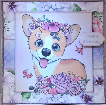 Beautiful Corgie Dog With Pink & Purple Flowers 8x8 by Hazel Underwood