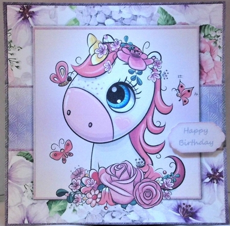 Beautiful Pink Haired Unicorn With Pink & Purple Flowers 8x8 by Hazel Underwood