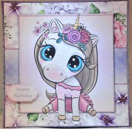Beautiful Pale Pink Unicorn With Pink & Purple Flowers 8x8 by Hazel Underwood