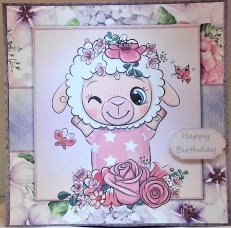 Beautiful White Fluffy Ewe With Pink & Purple Flowers 8x8 by Hazel Underwood
