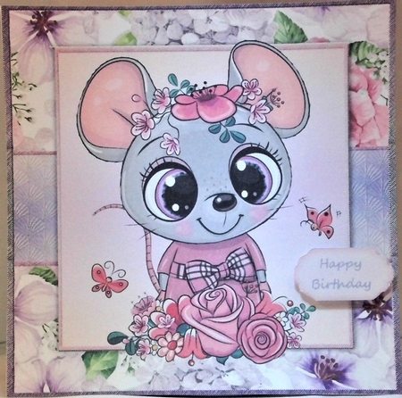 Beautiful Grey Mouse With Pink & Purple Flowers 8x8 by Hazel Underwood