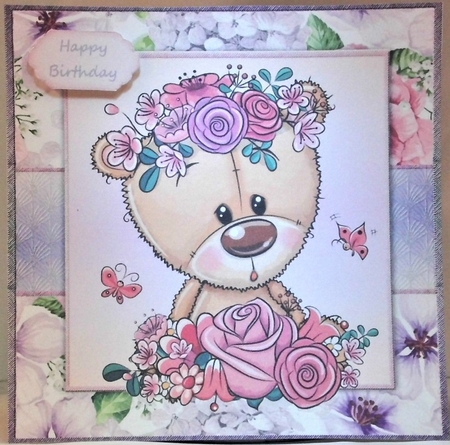 Beautiful Brown Bear With Pink & Purple Flowers 8x8 by Hazel Underwood