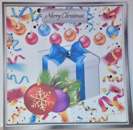 Festive card front 8x8 wih decorations and present by Hazel Underwood