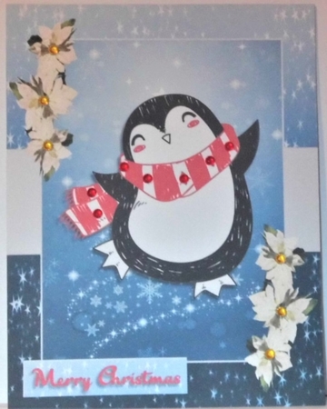 Christmas greeting card with penguin by Hazel Underwood