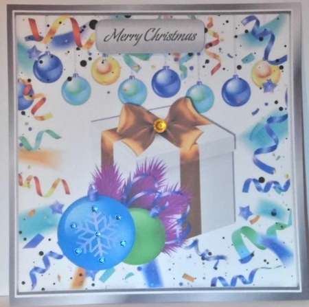  4 lovely Festive card fronts 8x8 wih decorations and present mini kit by Hazel Underwood