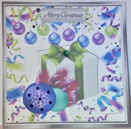  4 lovely Festive card fronts 8x8 wih decorations and present mini kit by Hazel Underwood