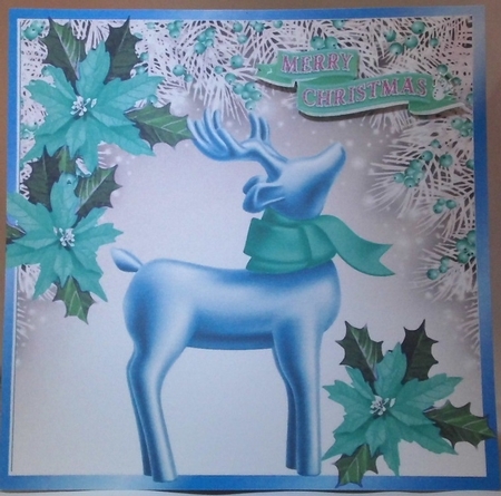 Pretty christmas deer in white berry frame 8x8 (blue) by Hazel Underwood