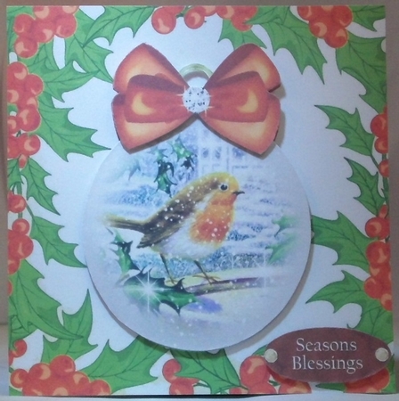  4 Robin card fronts in snow baubles with bows in holly frame 7x7 mini kit by Hazel Underwood