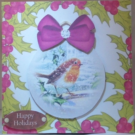  4 Robin card fronts in snow baubles with bows in holly frame 7x7 mini kit by Hazel Underwood