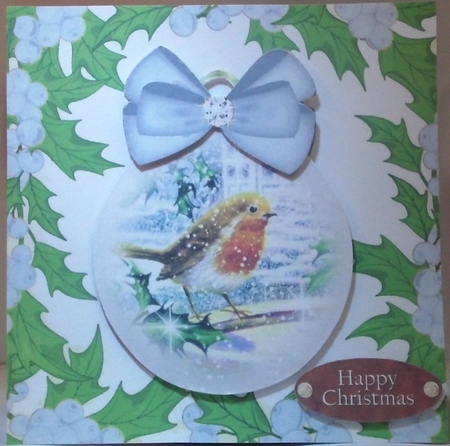  4 Robin card fronts in snow baubles with bows in holly frame 7x7 mini kit by Hazel Underwood