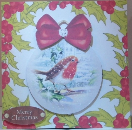  4 Robin card fronts in snow baubles with bows in holly frame 7x7 mini kit by Hazel Underwood