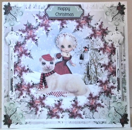 Poinsettias in A Ring-Christmas Girl & Cat & Robin by Hazel Underwood