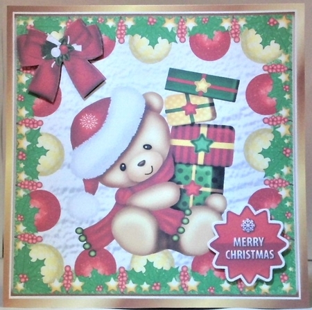 teddy in santa hat with presents in a bauble frame 8x8 by Hazel Underwood