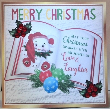 Cute mouse in santa hat on a book with verse & holly 8x8 by Hazel Underwood