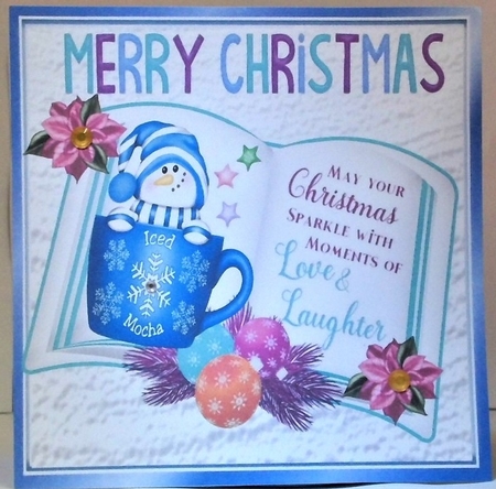 open book with verse, penguin in a cup with poinsettias 8x8 by Hazel Underwood